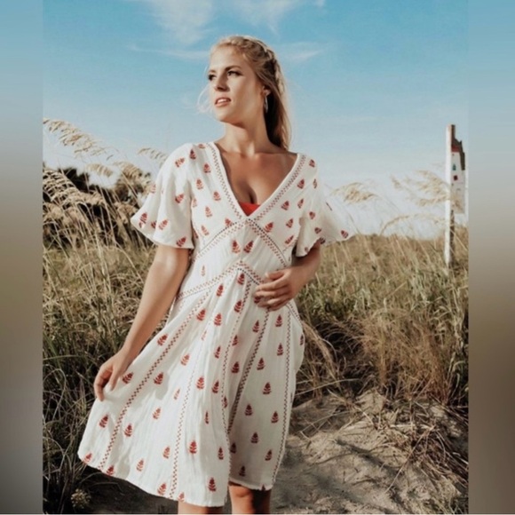 Anthropologie Raga Cream Midi Dress with Red Accents - Picture 1 of 6